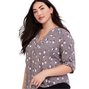 Torrid Penguin Print Grey Harper Blouse Size 3 (3x)